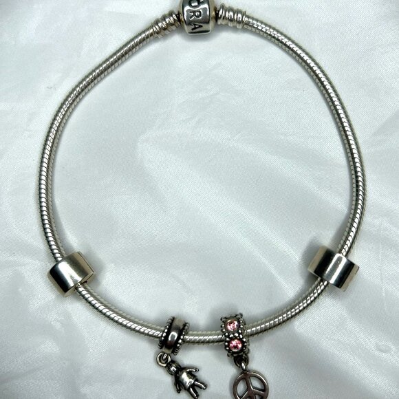 Pandora Sterling Silver 9" Charm Bracelet two Spacers and two charms - Picture 1 of 3